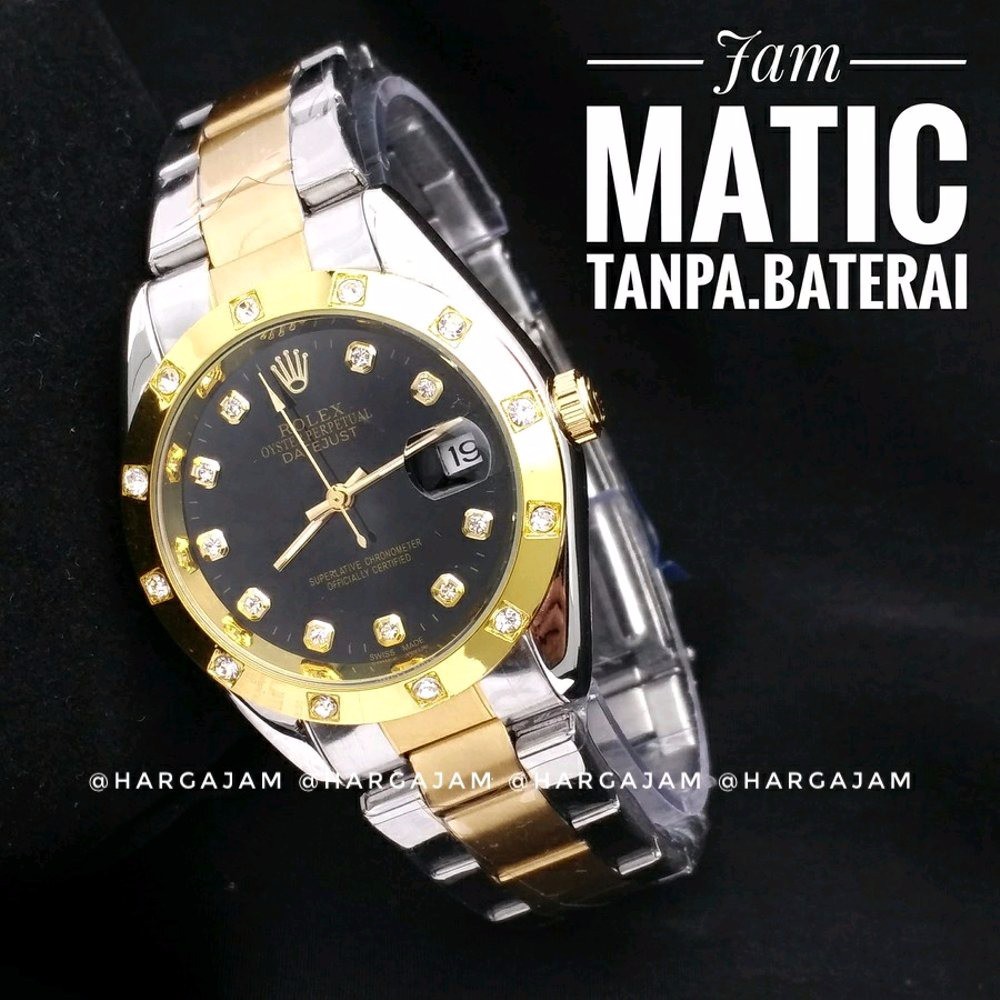 Jam Automatic Rolex R1003 Oyster Perpetual Rantai Kombi Plat Black hargajam harga jam matic otomati