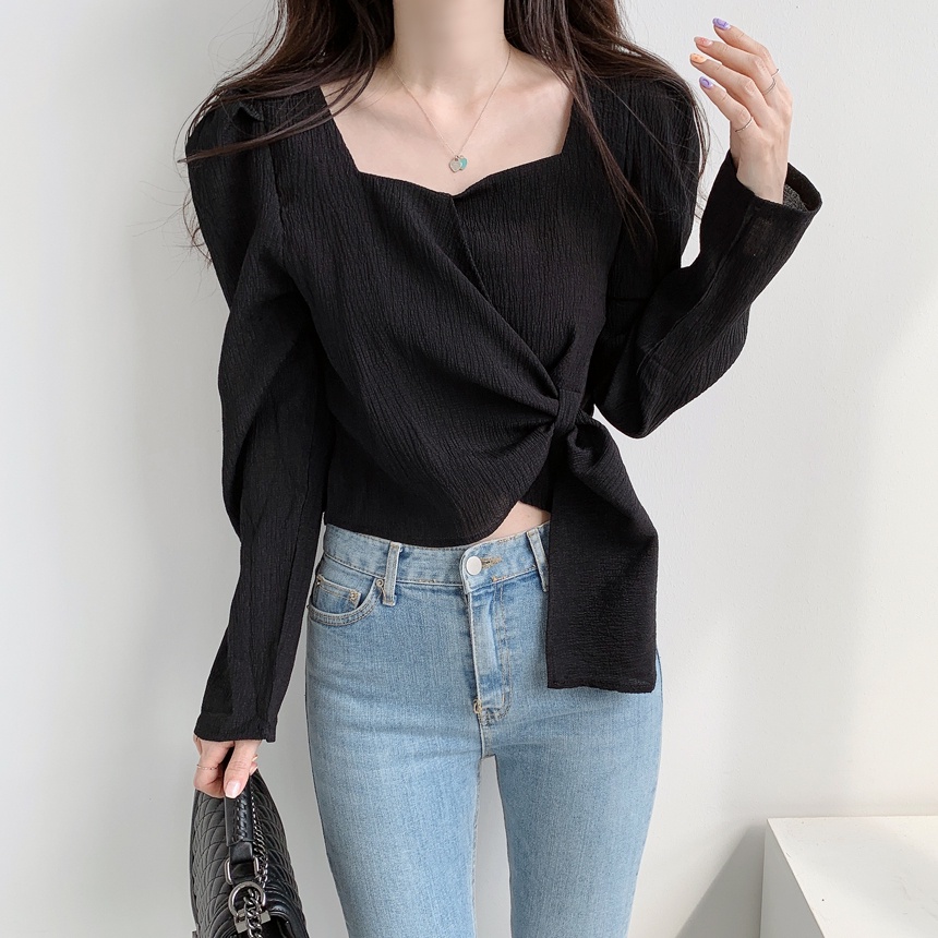 Wrap Top Crinkle Shirt Wanita Kemeja Lengan Panjang Korean Style Crop Top Blouse Hitam