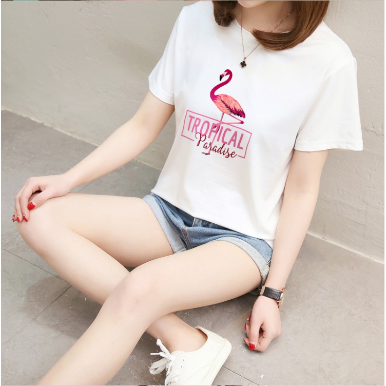 T-Shirt Wanita Korea Style Kaos Santai Fashion Kaos Ulzzang Gambar Flaminggo Tulisan Tropical