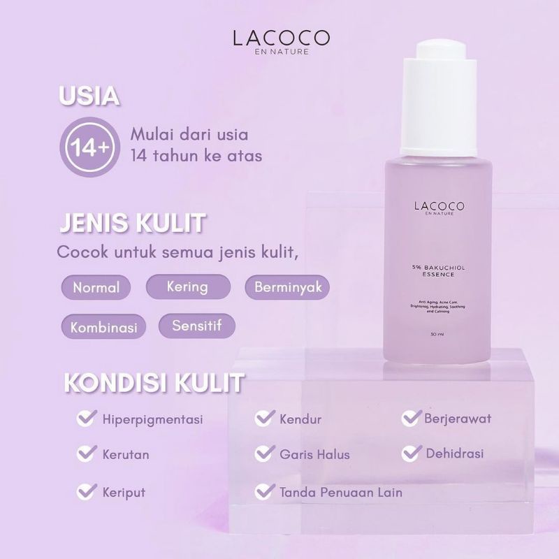 LACOCO 5% BAKUCHIOL ESSENSE ORIGINAL SERUM PENCEGAH PENUAAN DAN KERUTAN JERAWAT MERATAKAN WARNA