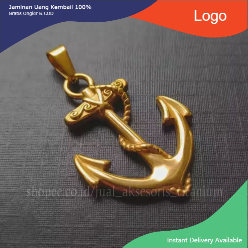 Liontin Kalung Jangkar Pria Titanium Asli Keren Emas Gold Kuning Anti Karat Cowok Jangkar