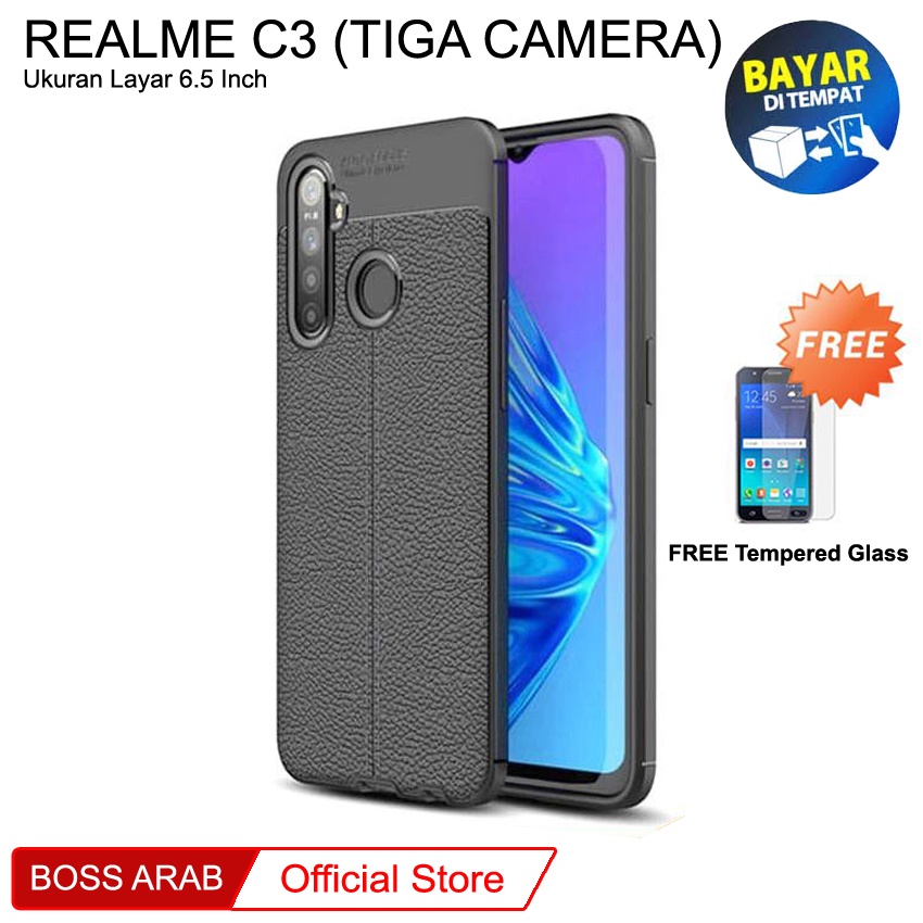 Case Auto Fokus Realme C3 (6.5") | Leather Soft Case Premium + FREE Tempered Glass
