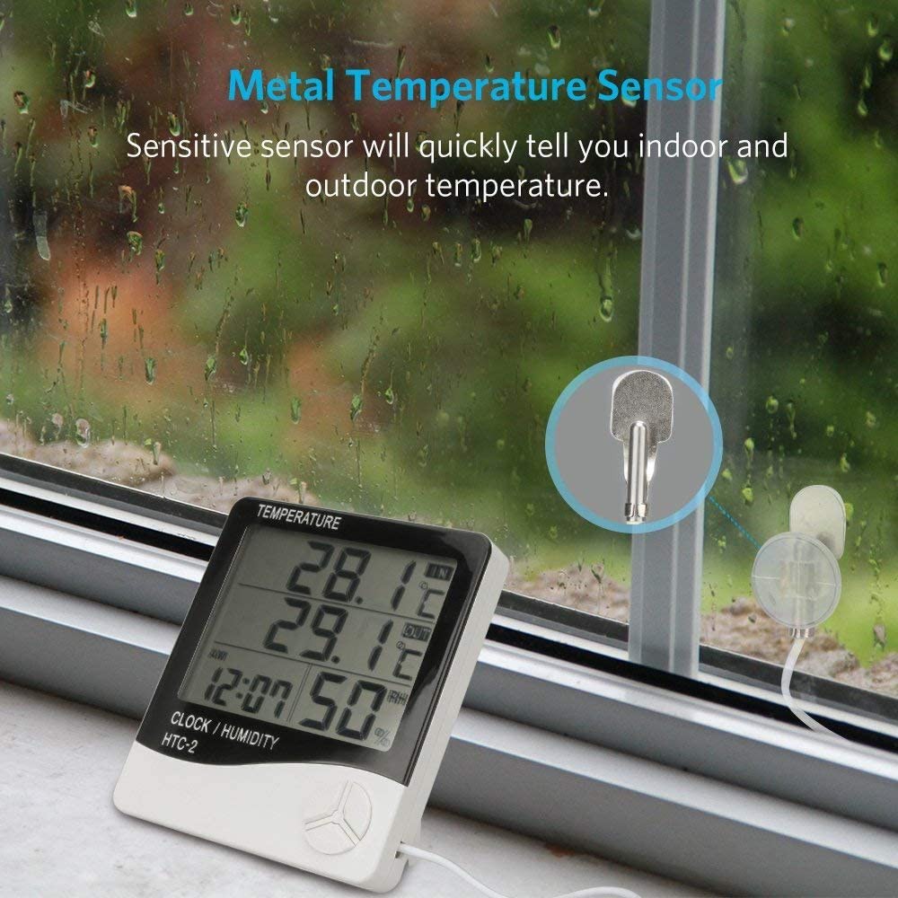 HTC-2 Digital Thermometer Hygrometer Suhu Ruang Indoor Outdoor 3 Baris Alarm Clock Jam