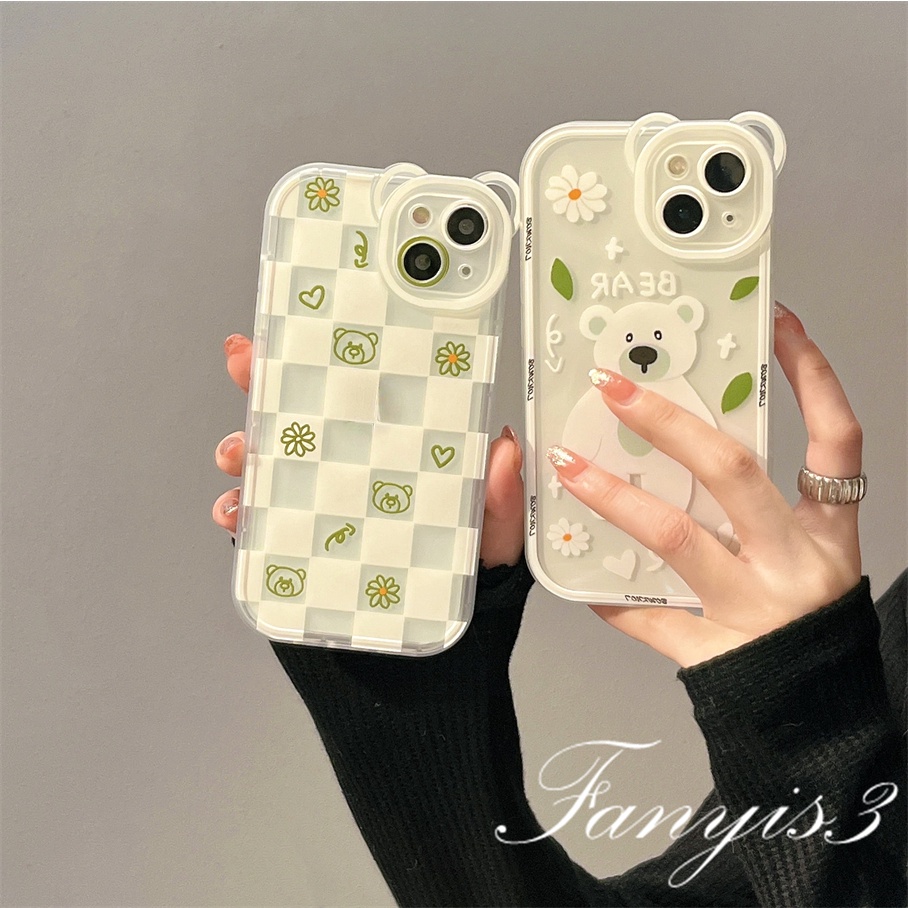 Compatible For iPhone 14 13 12 11 Pro Max X XR Xs Max 8 7 6 6s Plus SE 2020 Soft Case Pelindung Desain Telinga Kucing Kotak-Kotak Beruang Untuk