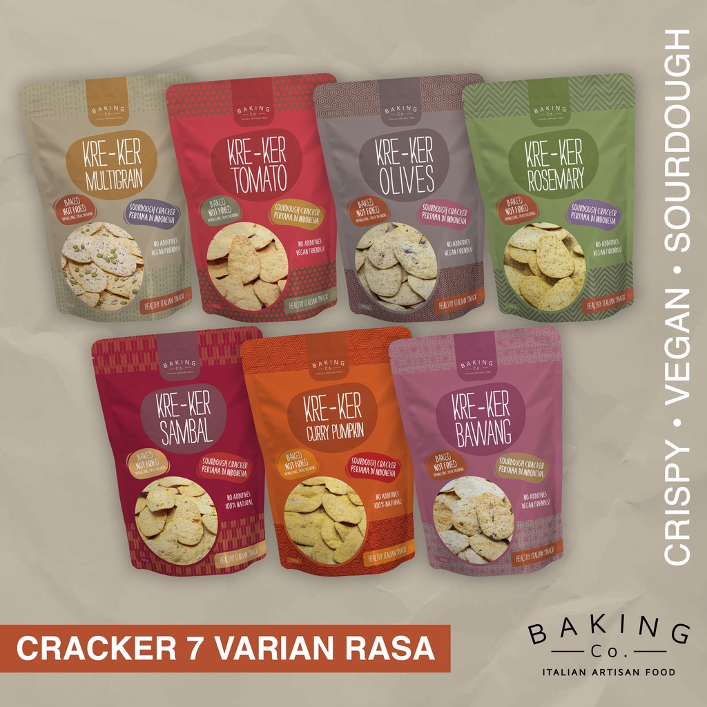 

Explore Pack 6 pieces - BakingCo KreKer all flavour Crackers 150g, Rosemary, Bawang, Sambal, Multigrain, Tomato, dan Olives, Snack Sehat, Vegan Cracker, Keripik, Cemilan, Italian Bites