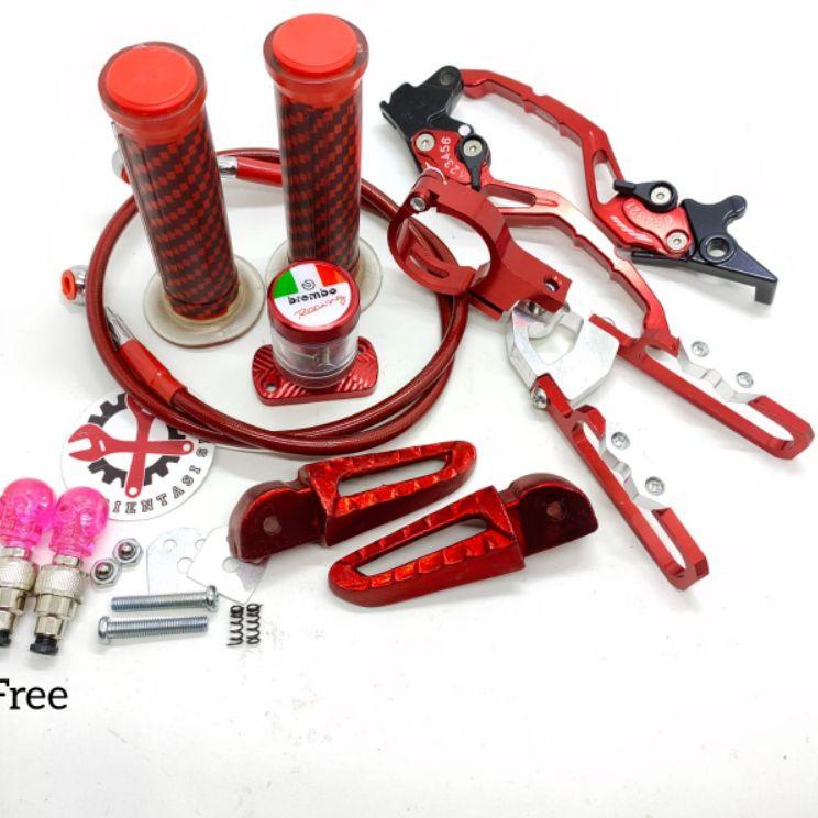 Handle sisik stelan baet+ handgrip carbon+ selang rem depan 95cm+ kleman selang+ footstep scoopy+ st
