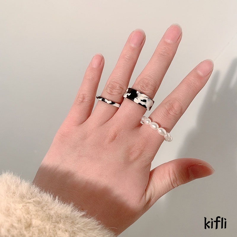 Korea Mutiara,Hitam Putih Set,Cincin Wanita Perhiasan Sederhana Cincin Jari