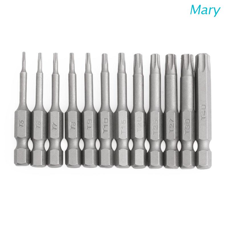 Mary 12pcs / Set Mata Obeng Torx Elektrik Magnetik T5-T40 Panjang 1 / 4 Inci 50mm Bits Tip