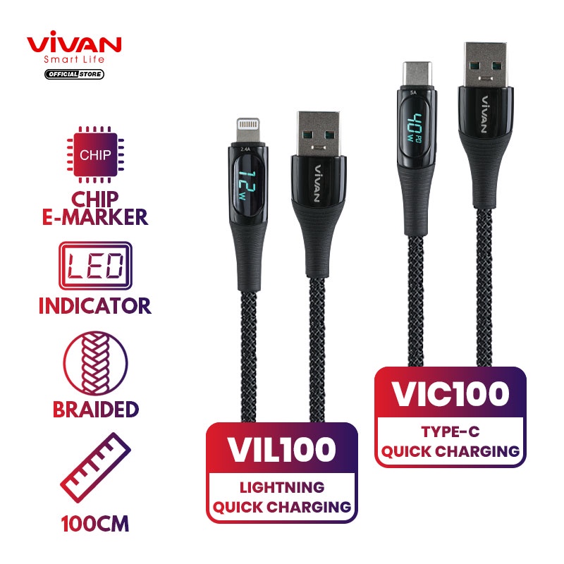 VIVAN Kabel Data 100cm USB To Type C 40W 5A / USB To Lightning 12W 2.4A Fast Charging Smart LED Display VIC100 / VIL100 Garansi Resmi 1 year