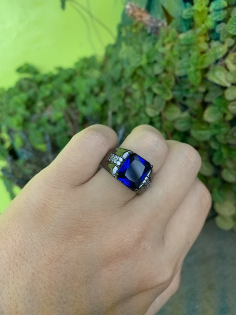 Cincin Pria Casual Akik Safir Biru Blue Saphire Cubic Zirconia Ring Hitam Gold Filled 18K