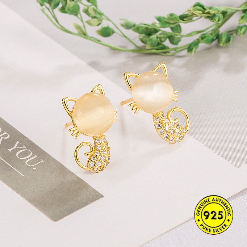 Anting Tusuk Sterling Silver 925 Model Kucing Dengan Opal Untuk Wanita U932