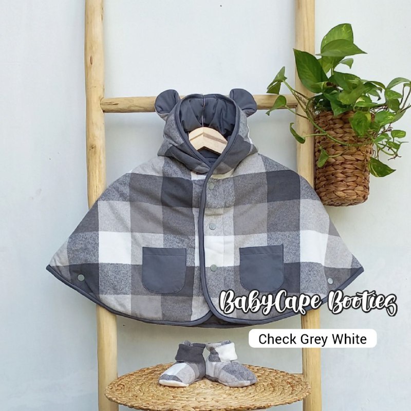 Paket kado Baby Cape Booties Babycape Cuddle Me Set Bayi Jaket Bayi Sepatu CuddleMe-Check Grey White