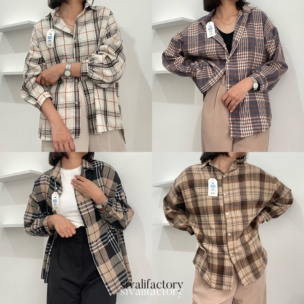 SIVALI Kemeja Flanel Blouse Kotak Tartan - Kotak Baju Korean Style Wanita Kemeja Wanita Casual