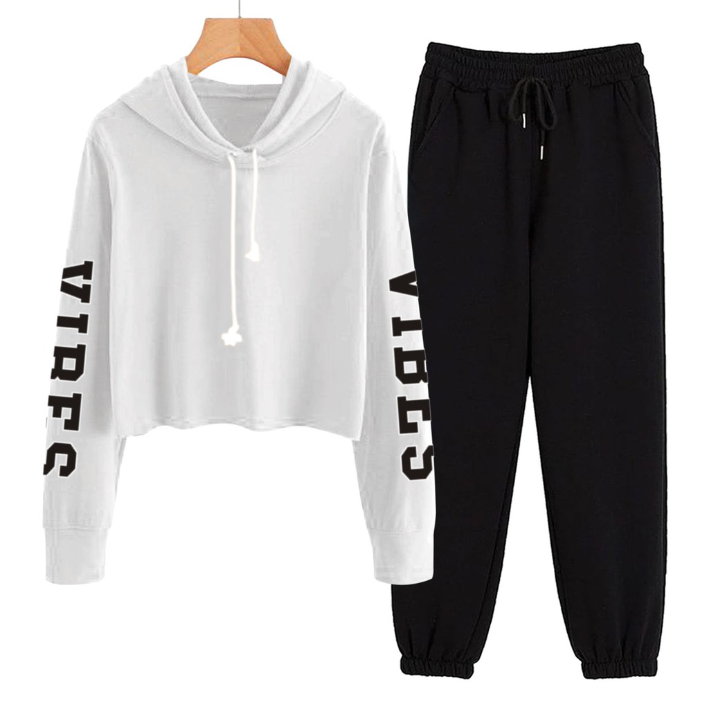 BESS - Baju Setelan Wanita Murah / Setelan Hoodie Crop + Jogger Hitam - VIBE TANGAN