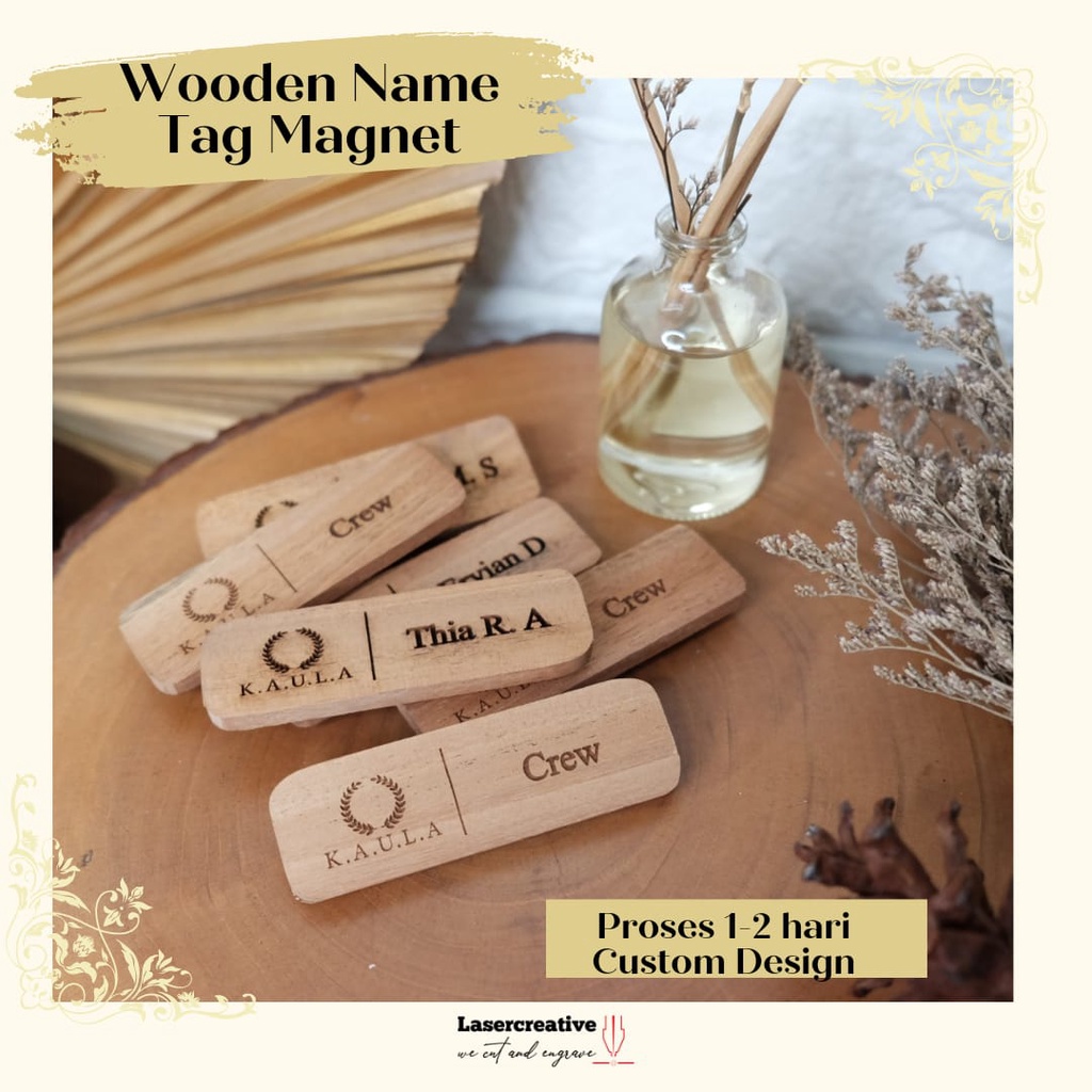 Custom Name Tag Kayu Wooden Magnet Tempel Dada