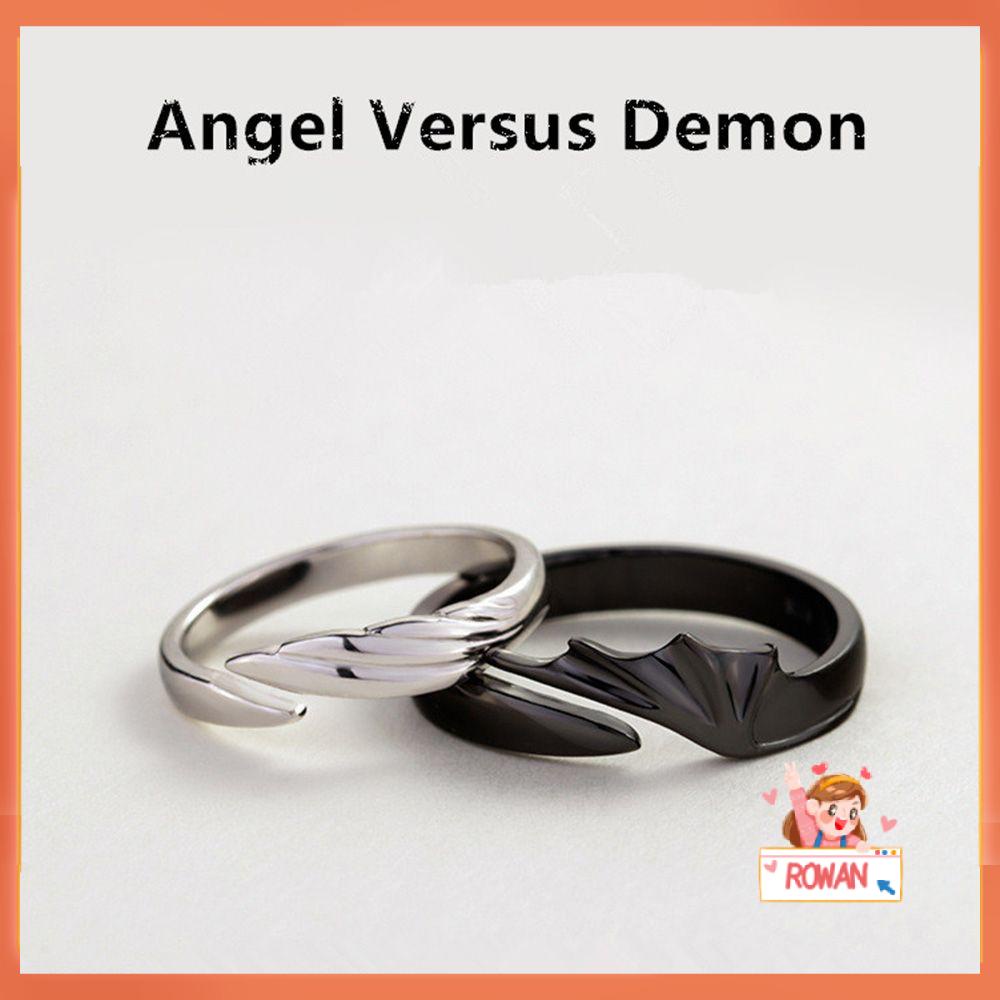 ❈ROWAN❈ Adjustable Angel And Devil Hip Hop Valentine's Day Couple Rings Rings For Women Party Fashion Jewelry Wing Feather Rings For Men Lovers Gifts Opening Ring/Multicolor