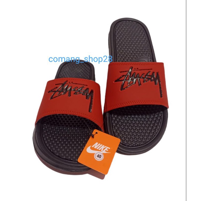 Sandal Sendal Slop Selop Slip On Slide Pria Wanita Cowok Cewek Laki Laki Casual Kekinian Murah NK Stussy Hitam Merah