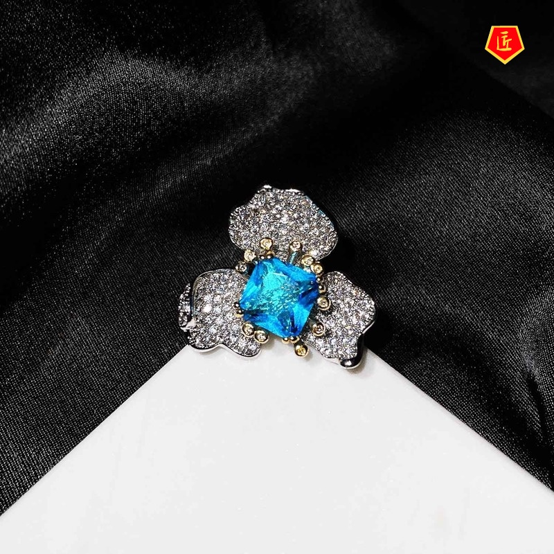 [Ready Stock]Jewelry Flower Stud Earrings Elegant Blue Topaz Ring Necklace Set