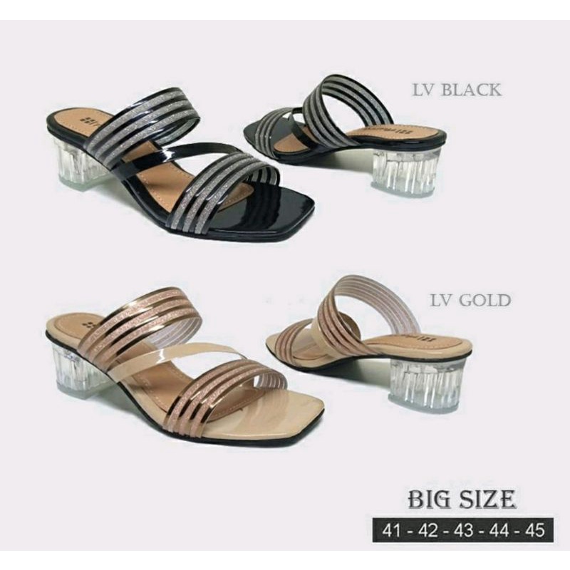 Sepatu Sendal Higheels Kaca Big Size 41-45 Heels Andin JUMBO Kaki Gemuk Cocok / Higheels Kaca Cantik Gold, 44