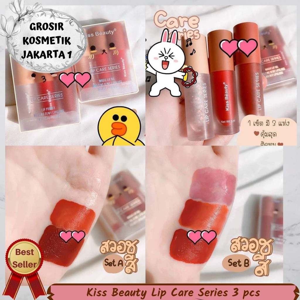 Kiss Beauty Lip Care Series Lip Gloss 3 pcs - Lipstik cair - LipGloss 3 paket - Set Lip gloss / GROS