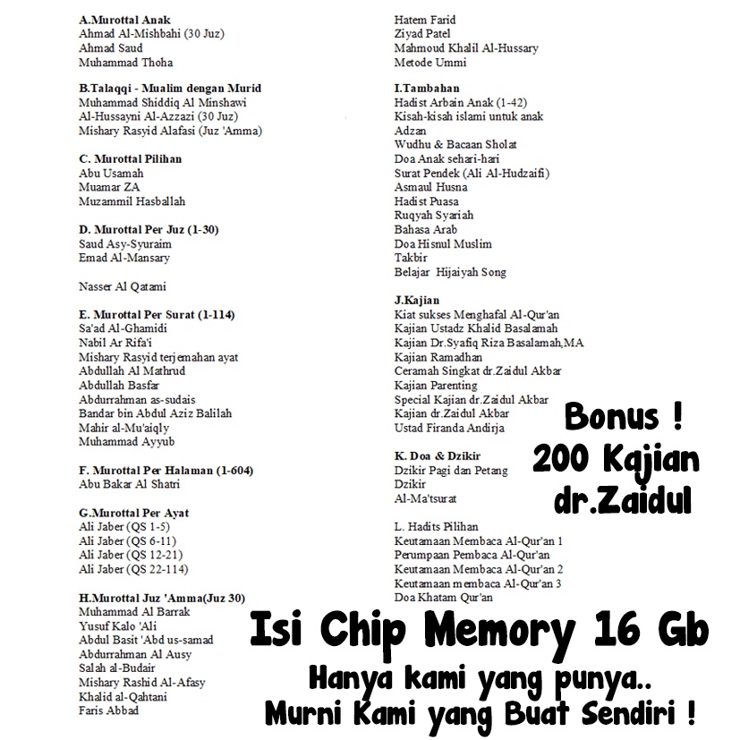 (Memori 16gb+Buku Paduan) Chip Murottal Speaker Alquran Per Ayat  Per Juz Lengkap 30 Juz Murottal