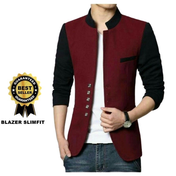 TERLARIS ! BLAZER PRIA JAS FORMAL RAIN MAROON ORIGINAL SLIMFIT / JAS PRIA MAROON TANGAN HITAM TERBARU