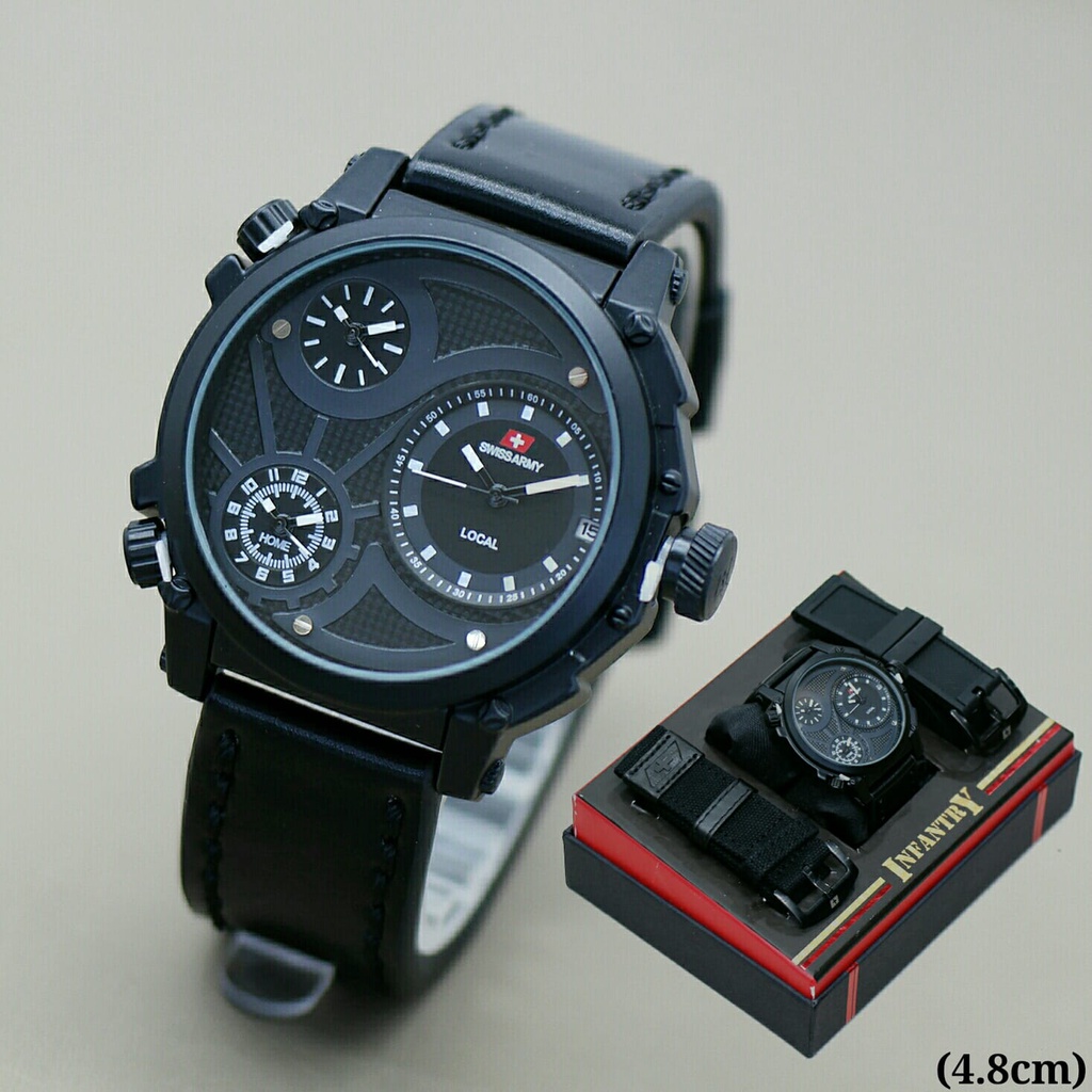 JAM TANGAN PRIA SWISS 3 TIME KULIT TANGGAL AKTIF + BOX - DIAMETER 4,8 CM -