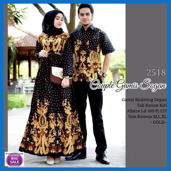 Simagwanita- Baju Batik Couple Muslimah Gamis Syari Muslim Pasangan Keluarga Drees - Gold -Ori.