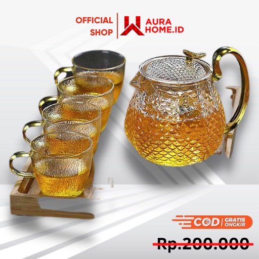Teko Pitcher Teh Chinese 600ml with 4 Glass / Teko Pitcher Kaca Dan Gelas Plastik Kopi Teh Poci Cina