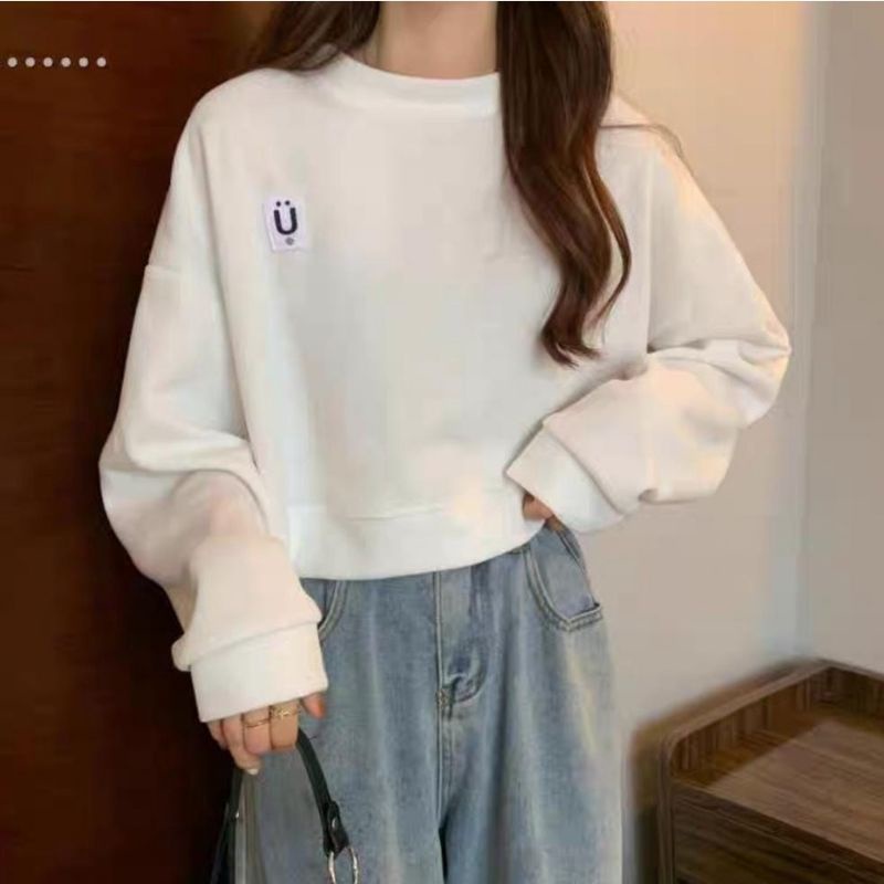 U Crop sweater oversize fleece tebal