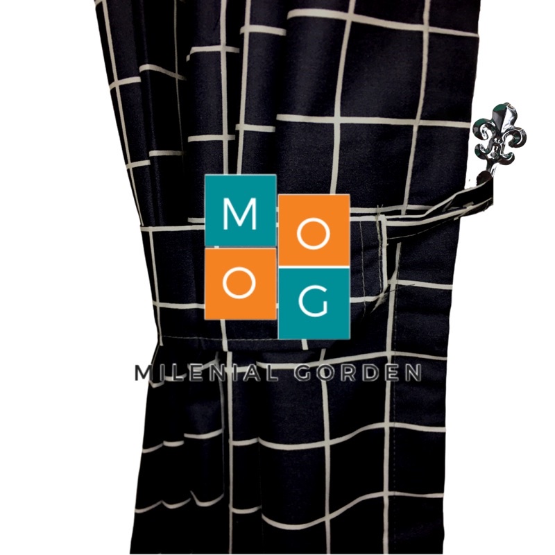 Gorden Minimalis Motif Kotak Hitam Bahan Katun Plymare Ukuran 150cm-200cm untuk Jendela dan Pintu Free Tali Pengikat dan Hook Lumba