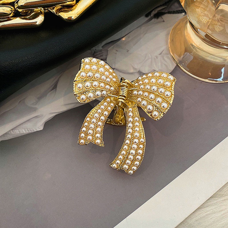 COD❤️Jepit Rambut Bentuk Pita Bahan Alloy Aksen Mutiara Dan Berlian Imitasi Untuk Wanita Kupu-kupu hairclip Pearl Butterfly Fashion Korea