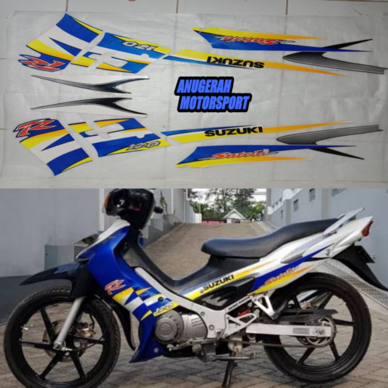 striping sticker lis body Satria 2 tak hiu biru putih