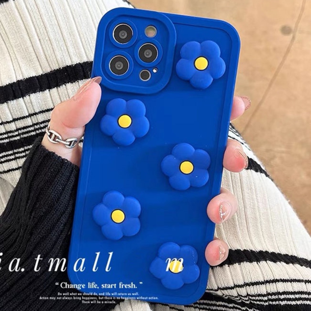 Pola Bunga Biru 3D iPhone 12 13 11 Pro Max X Xs Max Xr 7 8 Plus Casing Silikon Lslt