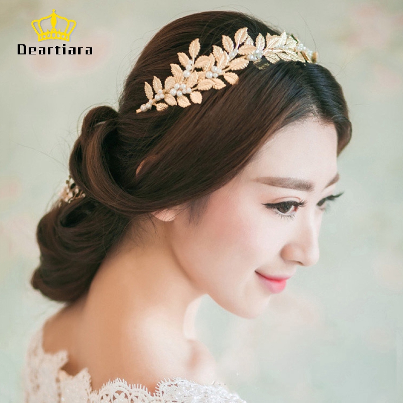 Tiara /Daun Bahan Metal Warna Emas Hias Mutiara Imitasi untuk Wanita