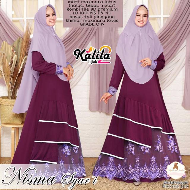 TOP! [BISA COD] NISMA SYAR'I ORIGINAL BY KALILA2 / GAMIS WANITA SYARI BAHAN MAXMARA LOTUS PREMIUM
