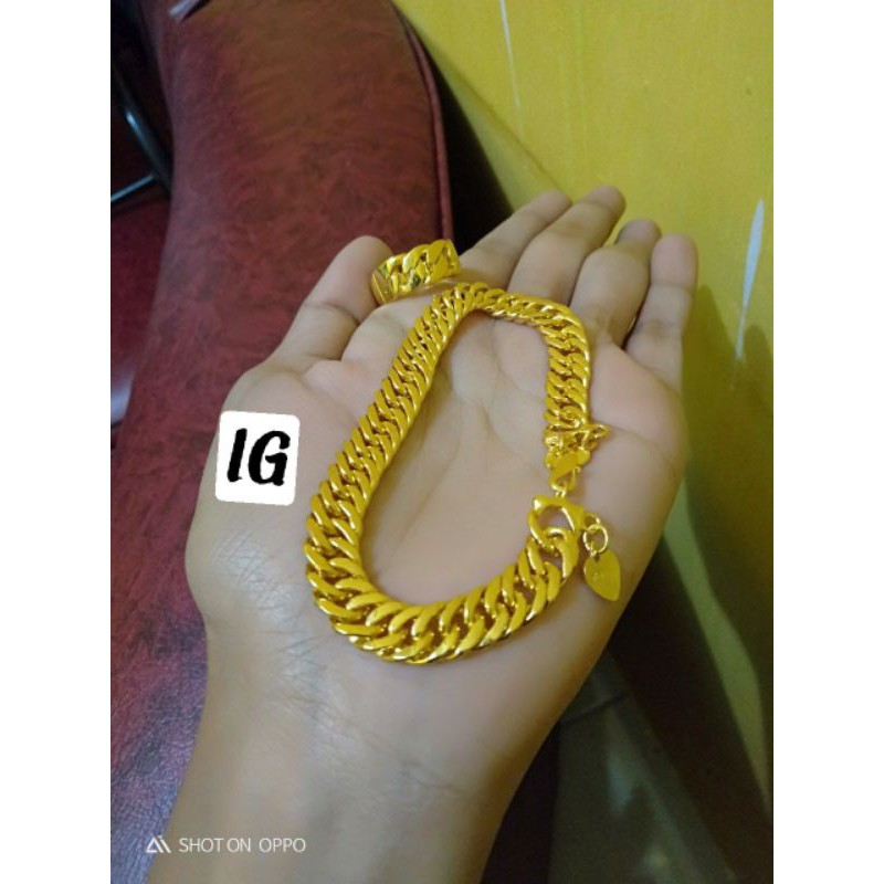 Satu Set perhiasan aksesoris gelang dan cincin rantai lapis emas 24 Karat