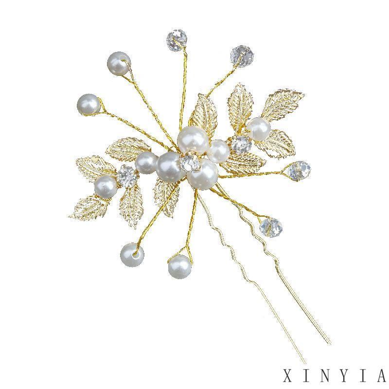 【Bayar di tempat】Jepit Rambut Bentuk U Desain Daun Aksen Mutiara Untuk Pernikahan Hiasan Kepala Pernikahan Perhiasan Rambut  Bridal