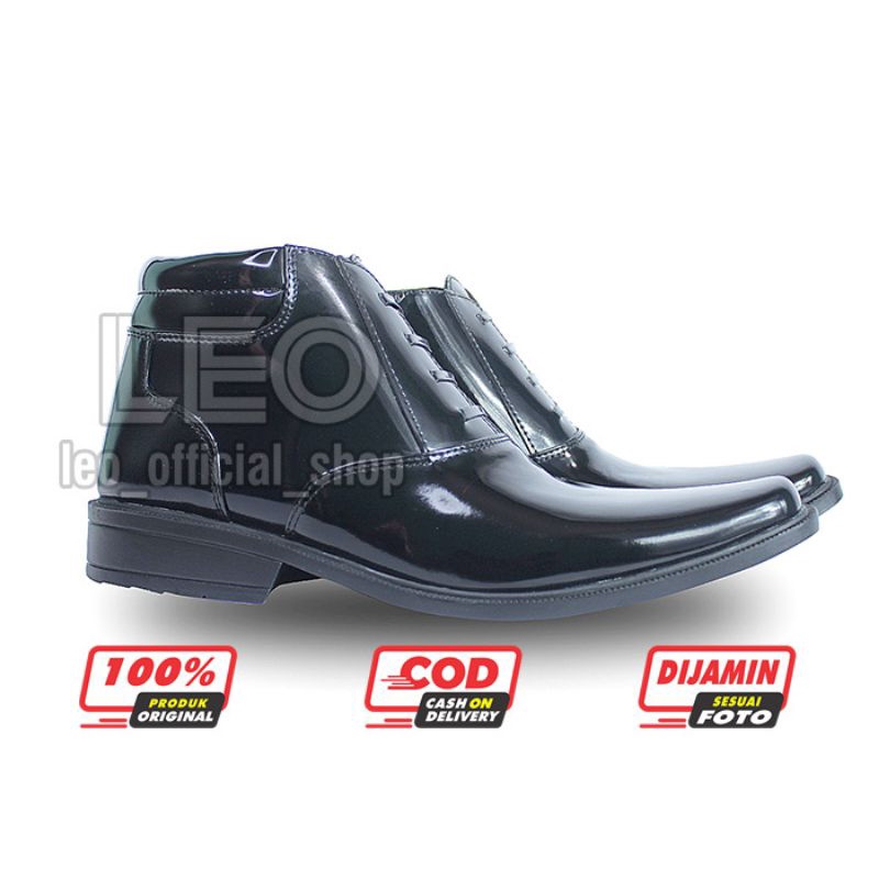 Sepatu PDH 03 Polri Dinas Satpam TNI Security Polisi Sepatu Kerja Pria Hitam Glossi Kulit Syntetic Asli Resliting - DP03