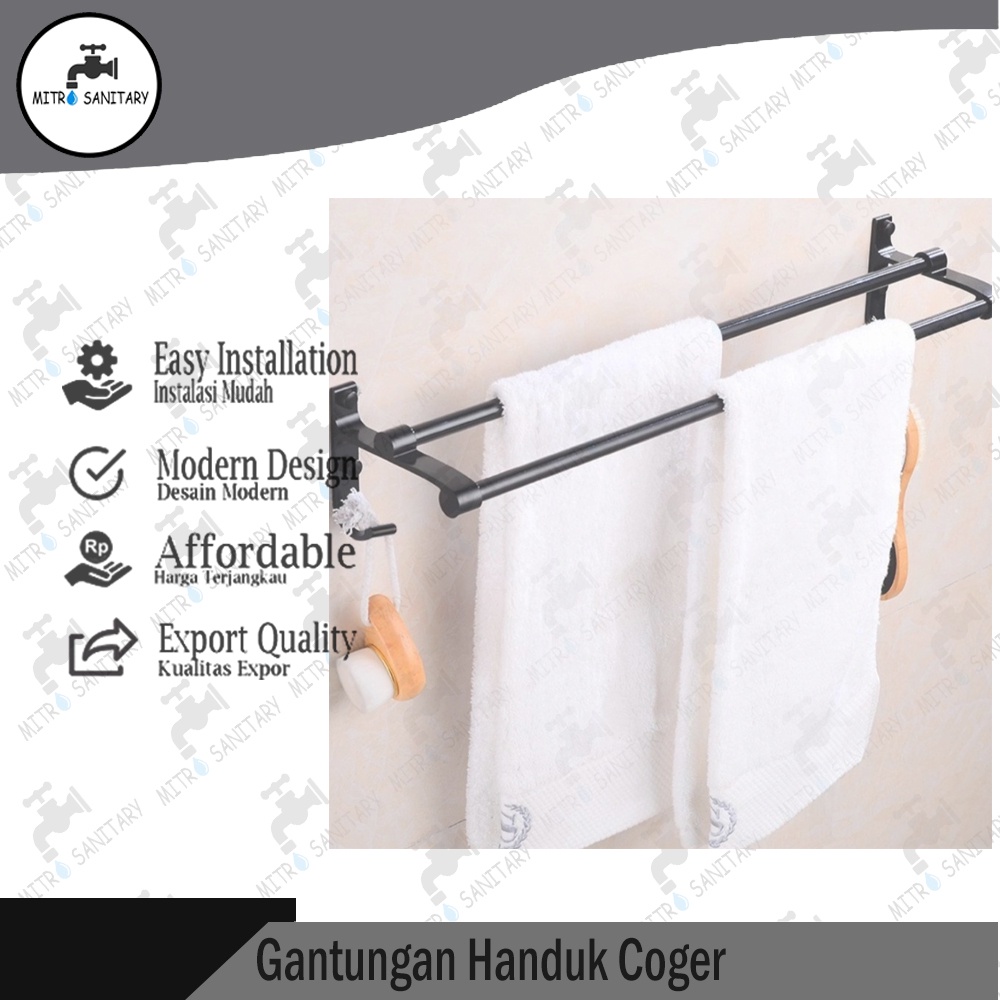 Rak handuk hitam 2baris/jemuran handuk hitam/gantungan handuk/rak dinding