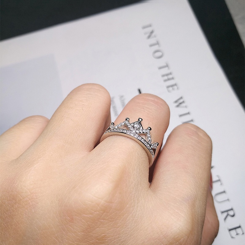 Cincin Berlian Mahkota Elegan Perhiasan Fashion Wanita Baja Titanium Perak Rings
