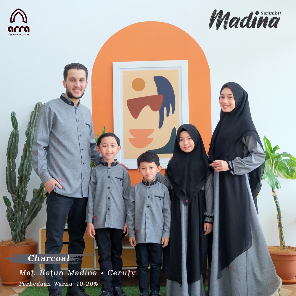 Arra Sarimbit Keluarga Gamis Ayah Ibu Anak Series Madina Warna Charcoal Original Premium Baju Couple Busana Muslim Terbaru 2022