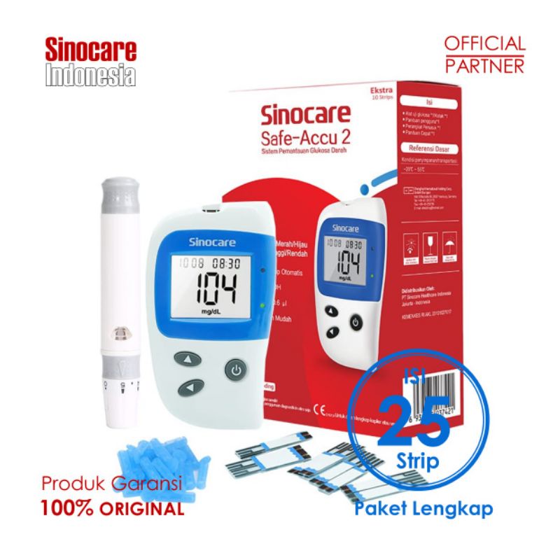 Paket Lengkap Alat Cek Gula Daarah Sinocare Safe Accu 2 (25 Strip + 25 Lancets)