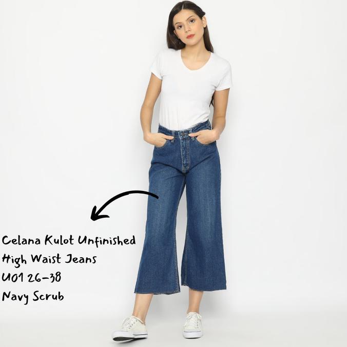 Celana Kulot Unfinished High Waist Jeans Wanita U01 Navy Scrub 26-31 - Navy Scrub, 29 Putribelarahmi