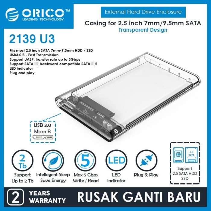 ORICO HDD SSD Enclosure 2.5 Inch USB 3.0 - TRANSPARAN