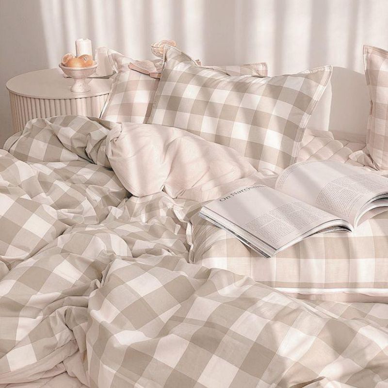 SPREI AESTHETIC MOTIF KOTAK KHAKI | SEPRAI KOTAK ALA KOREA FREE SARBAN SARGUL