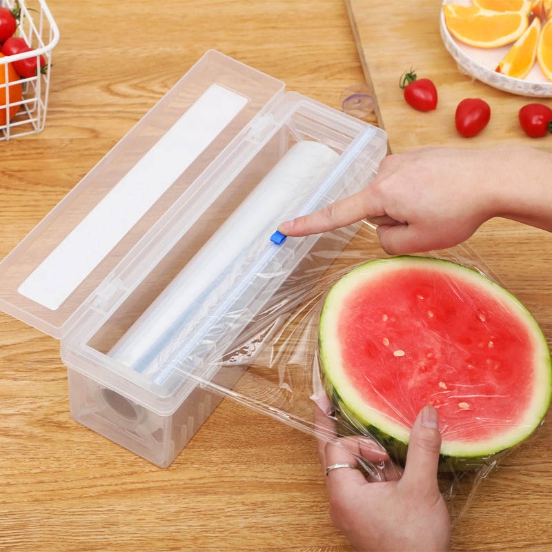 ღ Plastik Cling Film Pemotong Makanan Bungkus Dispenser dengan Adjustable Slide Cling Film Cutter Pelestarian Foil Kotak Penyimpanan