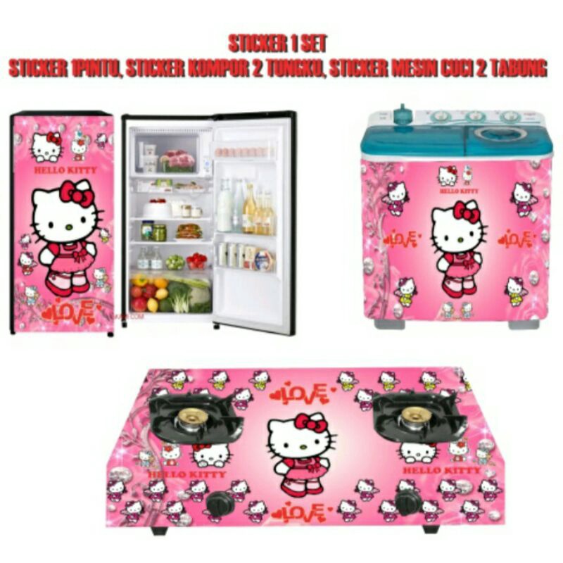Sticker Kompor Dua Tungku Satu Set 3in1,Kulkas/Kompor/Mesin cuci,Motif Karakter Hello Kitty