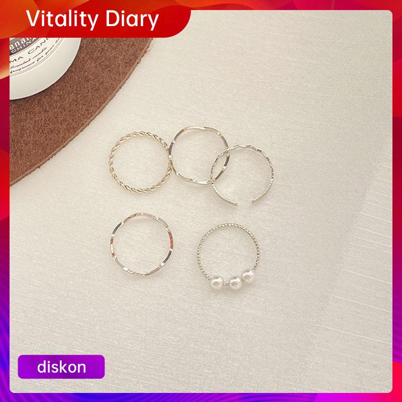 5pcs/set cincin wanita mutiara geometris gaya korea fashion aksen berlian imitasi aksesoris aksen berlian imitasi ring-6