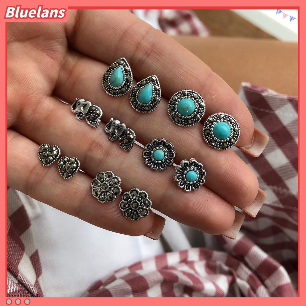 6 Pasang / Set Anting Stud Desain Gajah Hati Turquoise Gaya Boho Untuk Wanita